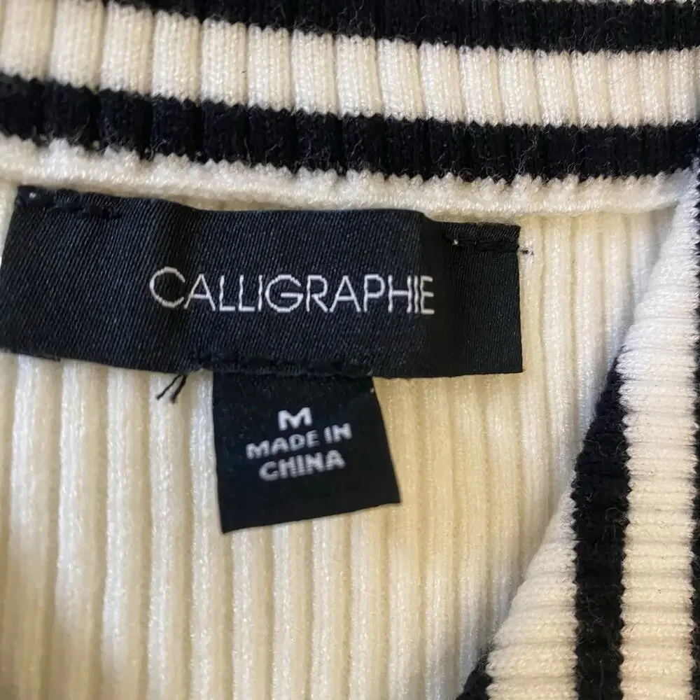 Women's Sz Medium Calligraphie Collared Short Sleeve Fitted Black/White Sweater